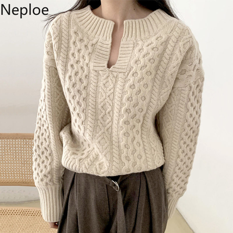 Neploe Korean Chic Woman Sweaters Fall Women Clothes V-neck Heavy Ribbed Knit Pullovers Loose Sweet Puff Slleve Jumper Coat 210422