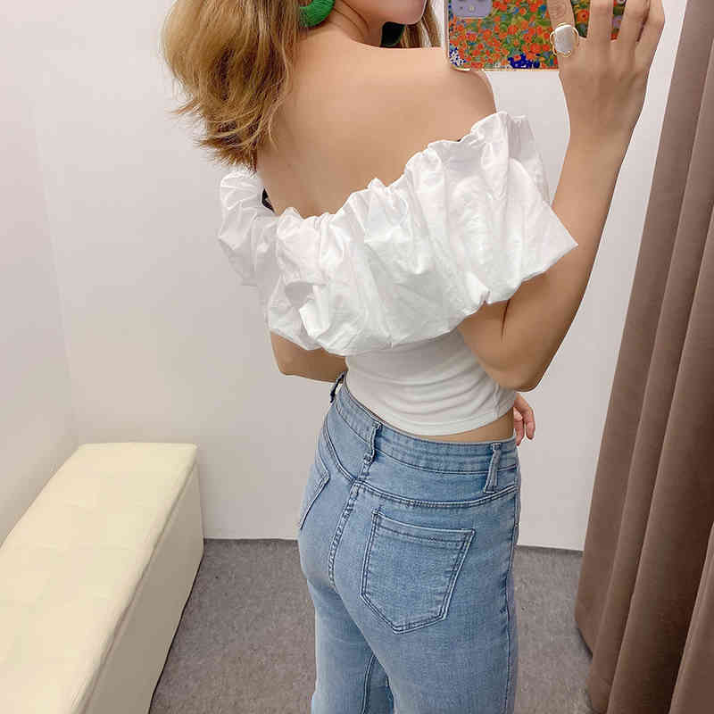 Summer Sexy Off Shoulder White Blouse Women Bodycon Holiday Beach Short Tops Ladies Ruffles Chic Shirt Female Camisas 210515
