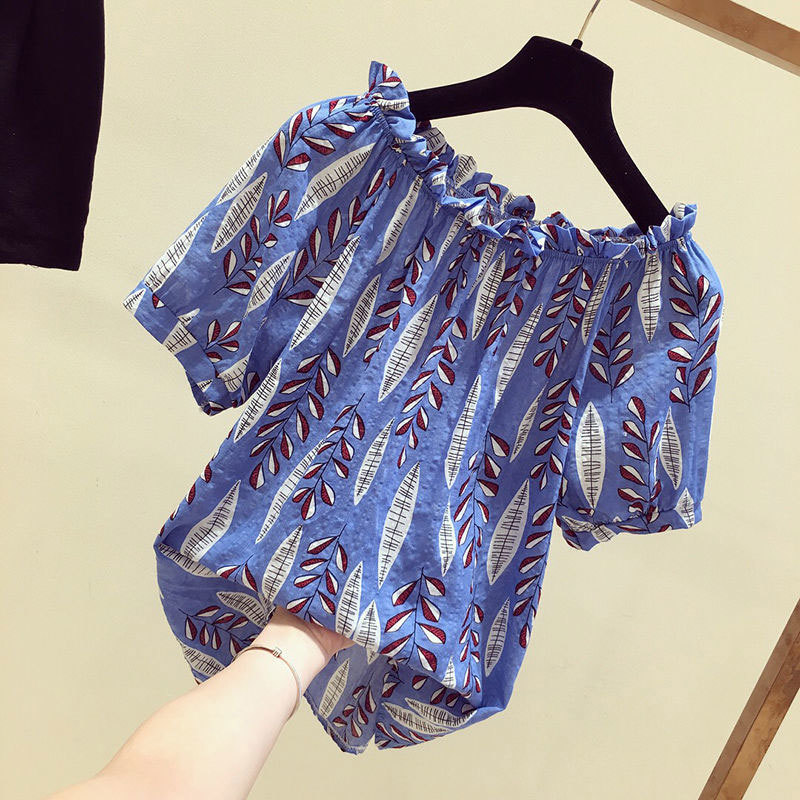 Korea Fashion Summer Women Shirt Plus Size Slash Neck Sexy Off Shoulder Short Sleeve Print Tops Loose Casual Blouse D20 210512