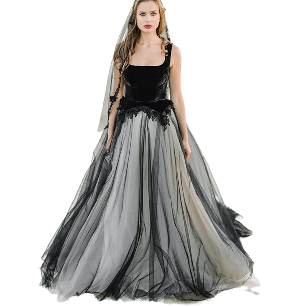 2021 Vintage Gothic Black Wedding Dresses Bridal Gowns A Line Sexy Open Back Appliques Lace Beaded Spring Autumn Winter Black And White Bride Dress St