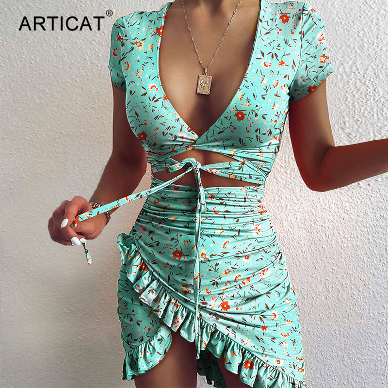 floral printed ruffles mini bodycon dress women v-neck bandage irregular dresses summer short sleeve streetwearhigh quality, Black;gray 
floral printed ruffles mini bodycon dress women v-neck bandage irregular dresses summer short sleeve streetwearhigh quality, Black;gray