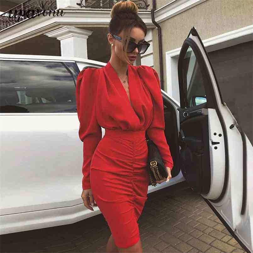 Women's Dress Red Sexy V-neck Puff Sleeve Draped Bodycon Mini Celebrity Club Nightclub Party es Vestidos 210524