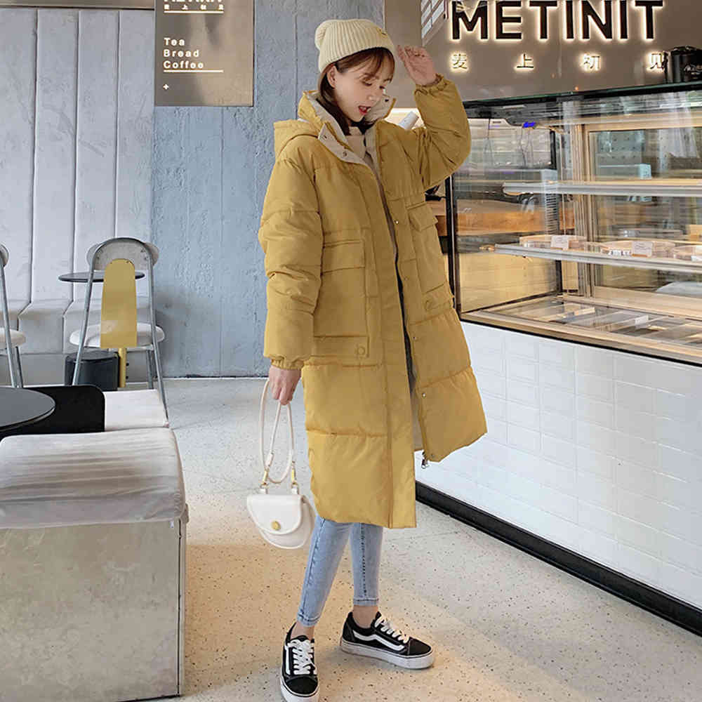 Women Winter Thick Stand Neck Zipper Long Parka Causal Solid Color Pocket Warm Jackets Wadded Coats Outwear 210428