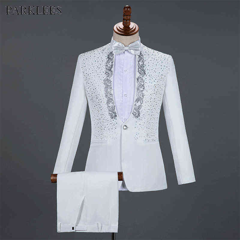 White Sparkly Crystals Embroidery Mens Suits With Pants Wedding Groom Tuxedo Suit Men Stand Collar Stage Costume Homme Mariage 210426, White;black
White Sparkly Crystals Embroidery Mens Suits With Pants Wedding Groom Tuxedo Suit Men Stand Collar Stage Costume Homme Mariage 210426, White;black