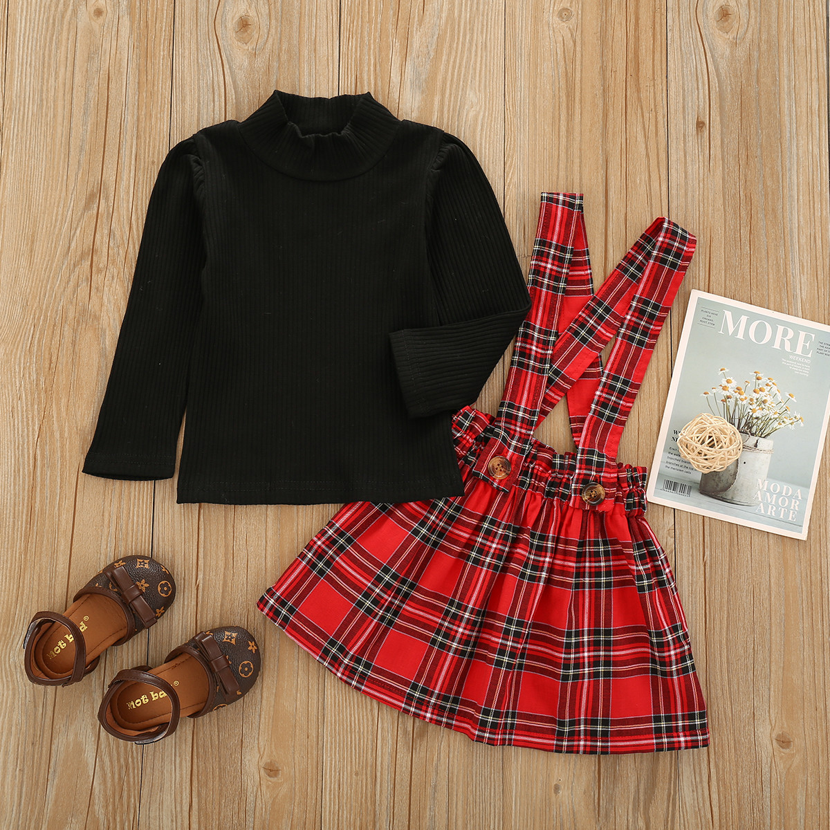 1-6Y Christmas Girls Clothes Set Knitted Long Sleeve Sweater Red Plaid Skirts Overalls Autumn Winter Xmas Outfits 210515