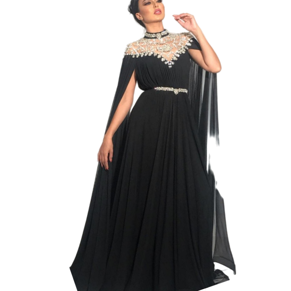 2022 Luxury Moroccan Arabic Dubai Crystals Prom Dresses Chiffon Formal Evening Party Gowns A Line Cape Sleeves High Neck Beaded Women Black Special Oc