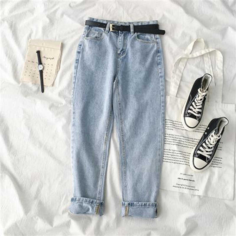 Women Jeans Spring Soild Color Streetwear High Waisted Denim Trousers Girl Loose Casual Straight Pants For Famale With Belt 210922