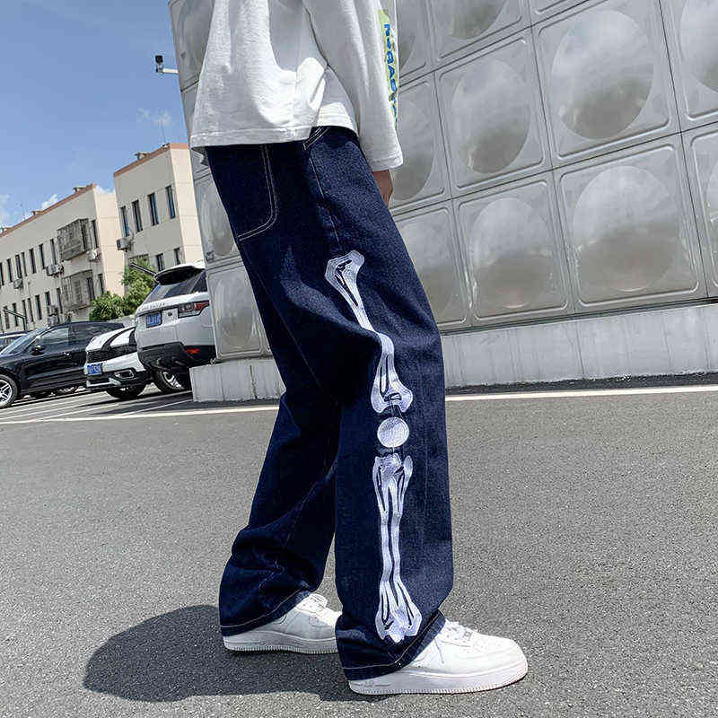Men Jeans Skeleton Printed Oversized 5XL Straight Blue Jean Pants Mopping Trousers Mens Streetwear Hip Hop Denim 211111