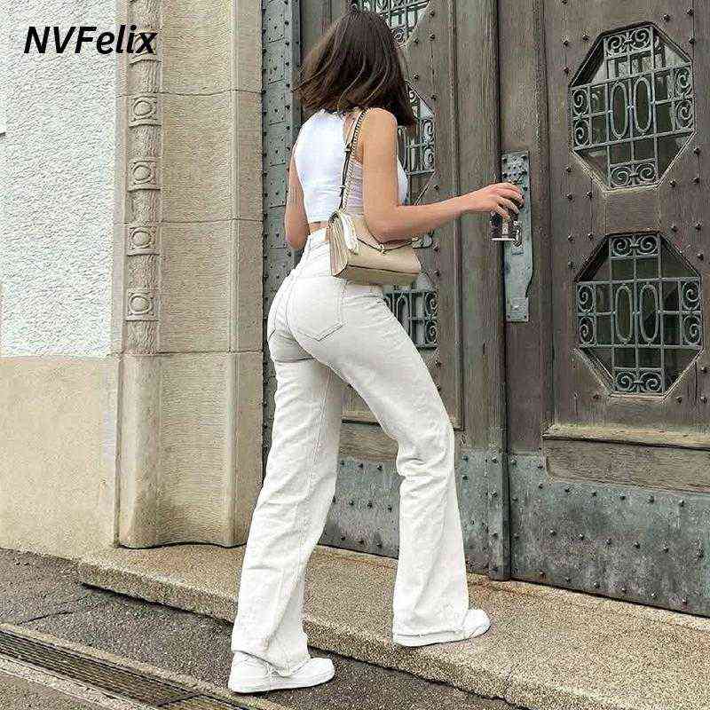 White Straight Leg Jeans For Women High Waist Stretch Denim Mom Jean Baggy Pants Casual Comfort Loose Tassel Fashion Trousers 211129