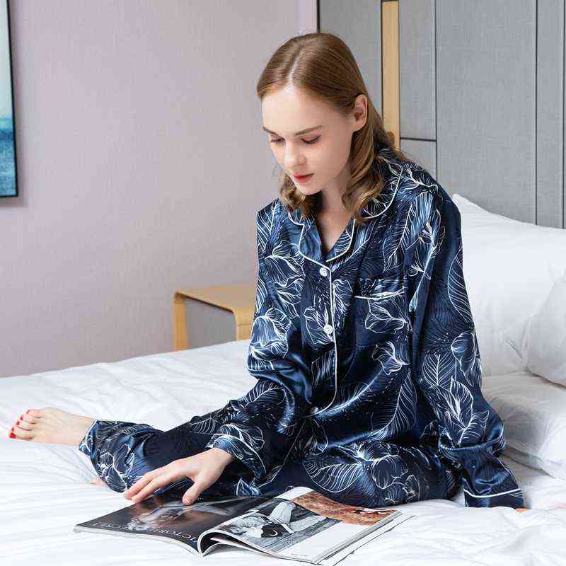 Spring Autumn Women's Pijamas Silk Satin Pajamas Set Long Sleeve and Trouser Pyjamas Suits Sleepwear Loungewear Female Mujer 211118