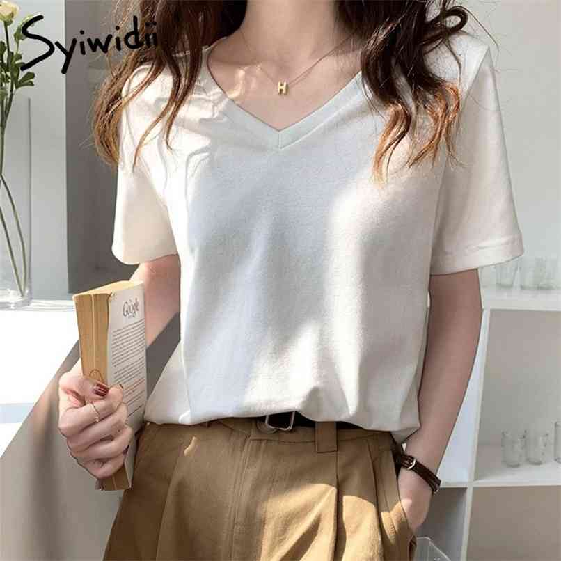 Casual T-shirts Women Short Sleeve Tops V-Neck Slim White Clothes Summer Office Lady Cotton Korean Fashion Shirts 210607
Casual T-shirts Women Short Sleeve Tops V-Neck Slim White Clothes Summer Office Lady Cotton Korean Fashion Shirts 210607