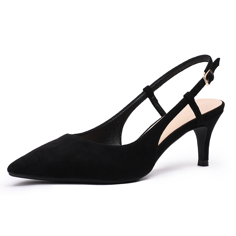 Women Shoes Spring 6CM Thin High Heels Slingbacks Female Pointed Toe Solid Flock Woman Pumps Office Lady Elegant Sandals 210520