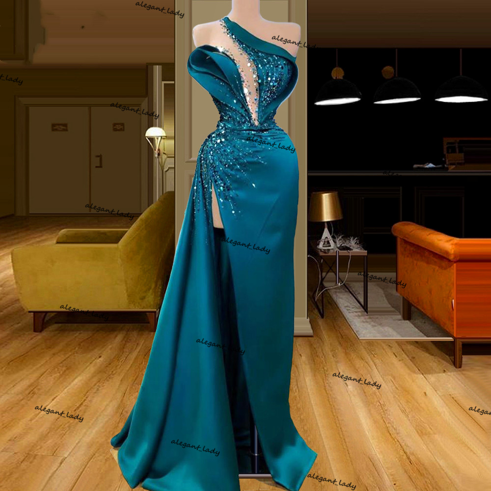 Split Slit Prom Dresses One Shoulder Beaded dubai arabic hunter Evening Gowns 2 Styles Long Party Night Dress Vestido De Fiesta