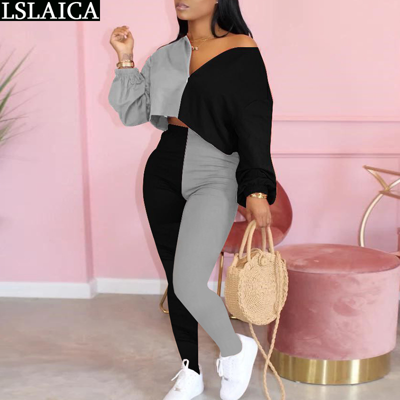 Two Piece Set Top And Pants Color Matching Casual Long Sleeve o Neck Trousers Sets Outfit Autumn Women Tracksuit 210515