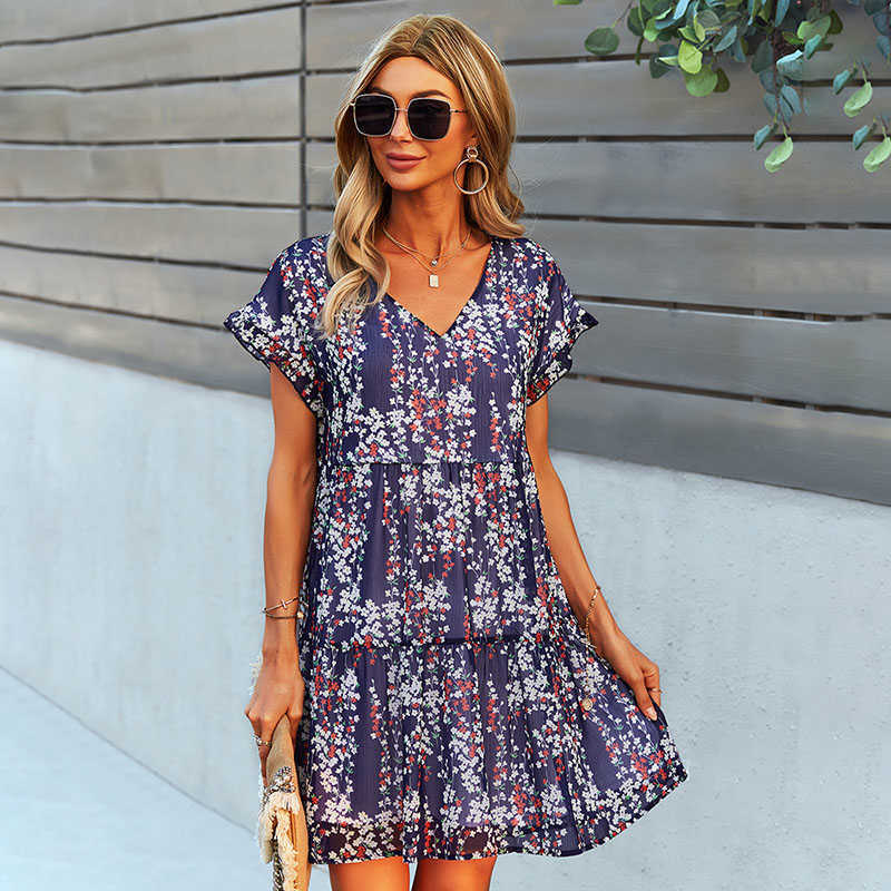 Summer Floral Printed Holiday Wommen Dress Sex V Neck Short Sleeve A Line Perfectly Flaunt A Kind Of Pure Sweet Style Dress 210630