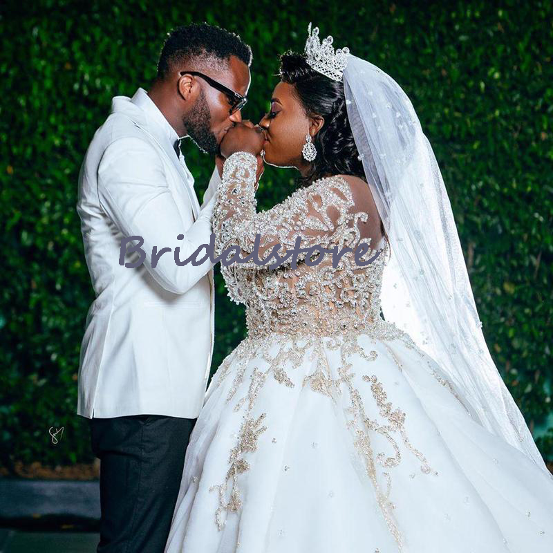 Luxury Plus Size African Wedding Dress 2022 Elegant Country Wedding Gown Long Sleeve Beaded Crystal Large Bride Wear Skirt Sukienka Vestido Noiva Robe