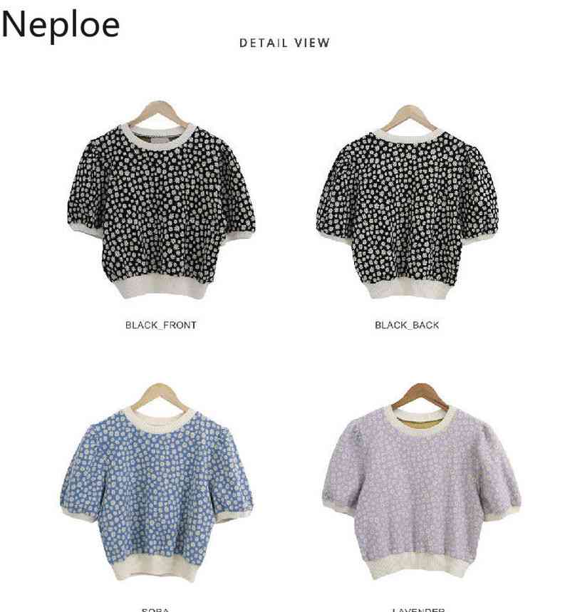 Neoloe Cropped Sweater Tops Puff Sleeve T Shirts Knit Sweater Shirt Women Clothes Vintage Print Korean Tshirt Summer Tees 210422