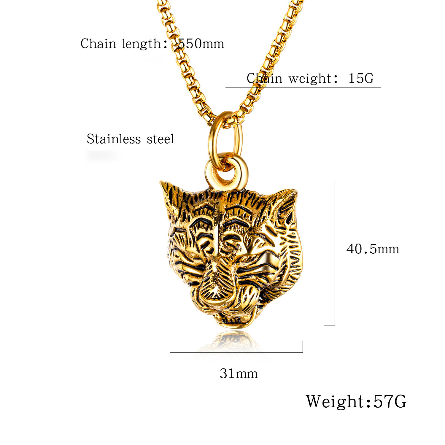 Men's Stainless Steel Pendant Necklace Animal Domineering Tiger Biker with Rolo Chain