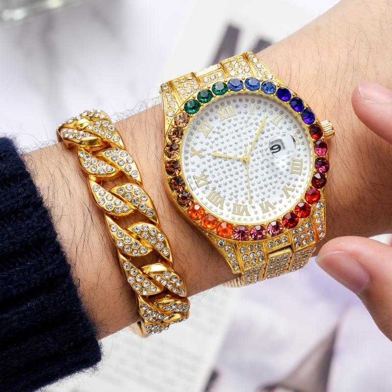 Wristwatches 2 Pcs Watch+bracelet Hip Hop Stainless Steel Gold Color Calendar Watch For Men Iced Out Paved Rhinestones Reloj Hombre, Slivery;brown
Wristwatches 2 Pcs Watch+bracelet Hip Hop Stainless Steel Gold Color Calendar Watch For Men Iced Out Paved Rhinestones Reloj Hombre, Slivery;brown