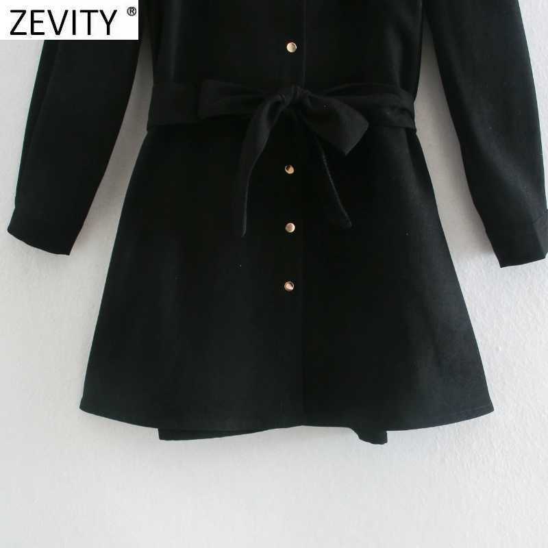 Zevity Women Vintage Single Breasted Long Sleeve Mini Shirt Dress Chic Lady Turn Down Collar Black Vestido Casual Dresses DS4779 210603