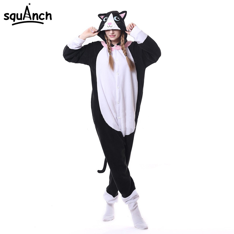 Animal Black Cat Kigurumis Onesie Men Women DJ Kitty Matching Pajama Overall Adult Sleepwear Cartoon Carnival Jumpsuit Fantasias, Black;white