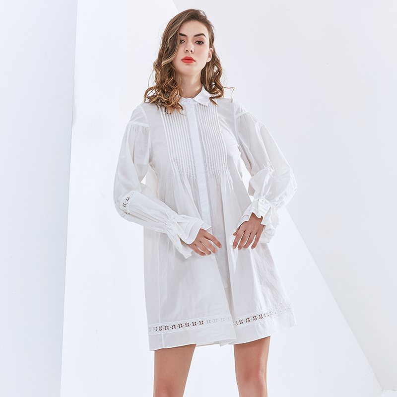 Loose Patchwork Pleated Dress For Women Lapel Long Sleeve Casual Elegant White Dresses Female Fashion Clothing 210520