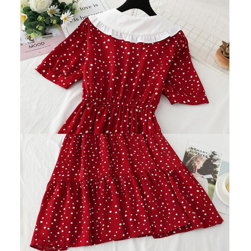 Vintage Polka Dot Print Women Dress Summer Female Elegant Short Sleeve Elastic waist Chiffon Dresses Sweet Vestidos 210521