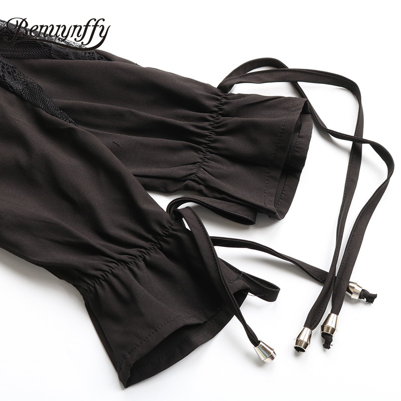 Notched Neck Lace Patchwork Long Sleeve Tops Blouses Women Spring Summer Black Elegant Office Lady Belted Blouse 210510