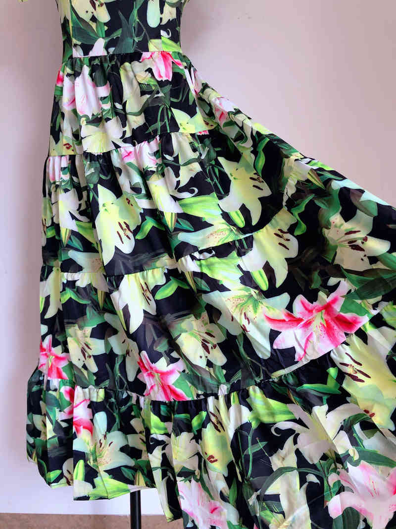 lily flower slash neck ruched high quality dress women summer maxi for party A-line soft robe es vestidos 210421