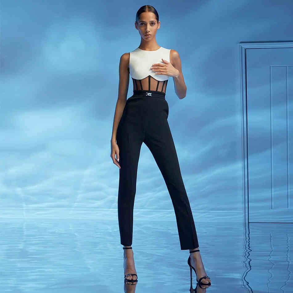 Summer Women's Fashion Bandage Jumpsuits Club Black And White Lace Sleeveless & Long Pants Lady Bodycon 210423