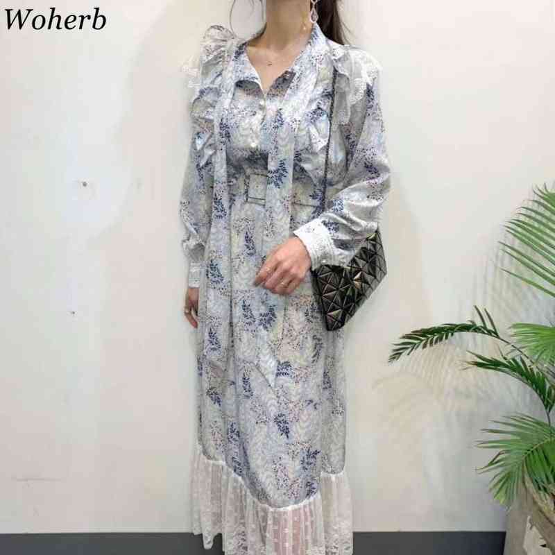 Vestidos Women Korean Sweet Temperament Ruffle Tie Dress Fashion Elegant Floral Slim Thin Lace Patchwork Fishtail Dresses 210519