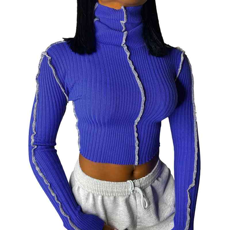 autumn and winter women's long sleeve high collar fashion splicing short open navel slim T-shirt 210602