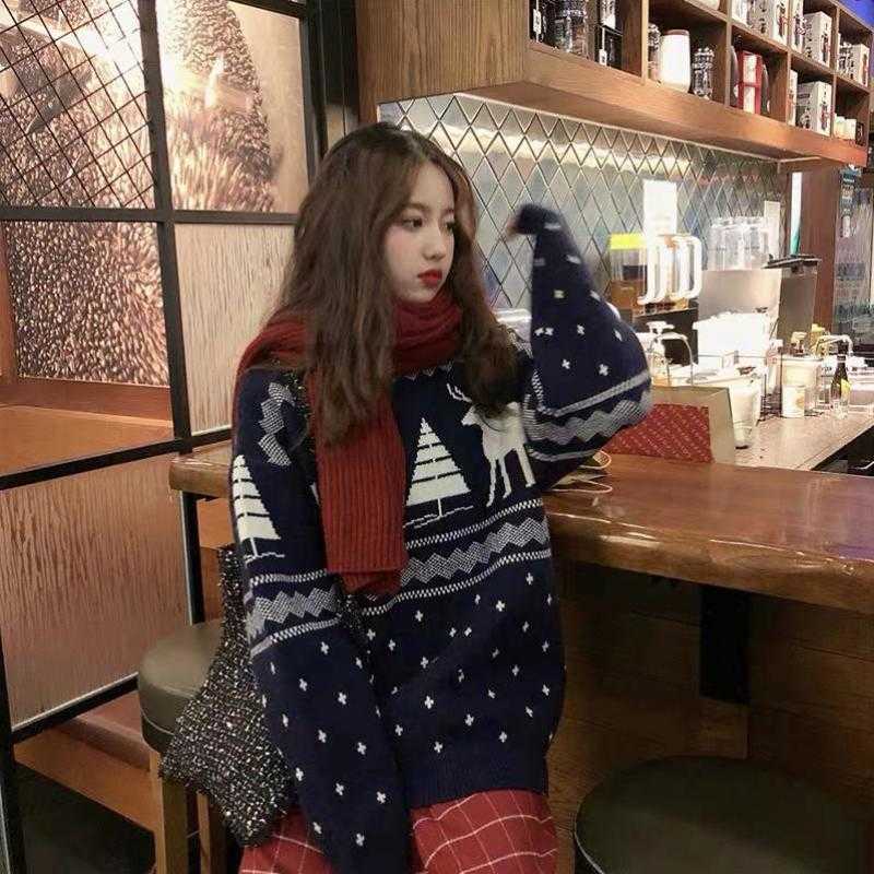 Yedinas Winter Christmas Deer Sweater Women Knitted Jumper Female Elk Print Sweaters Woman Pullover Knit Red Top Oversize 210527