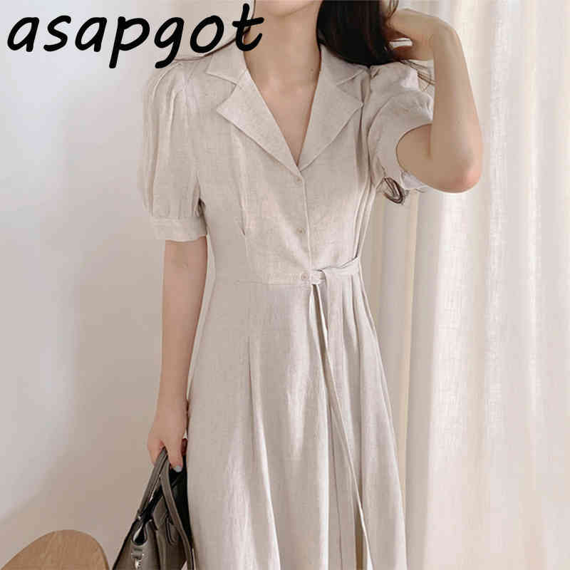 Minimalist Elegant Temperament Chic Korean Slim Lapel Three Button Side Bandage Waist Dress Lady Puff Short Sleeve Solid Summer 210429