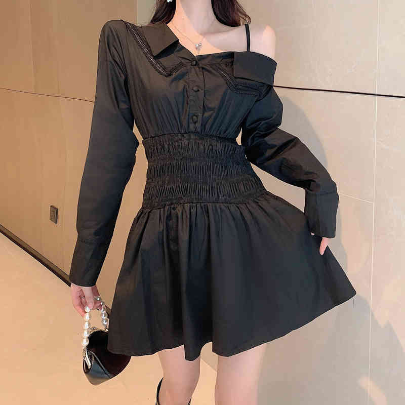 Spring and Autumn Korean Style Long Sleeve Shirt Dress Cropped shoulder Splicing Lace dress Casual Dresses 210506