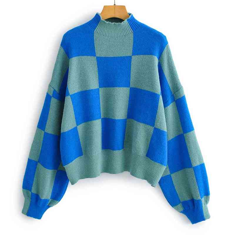 Winter Oversized Sweaters Women Half Turtleneck Sweater Knitted Casual Plaid Pullover Lantern Sleeve Woman Jumper Pull Femme Y1202, Blue
Winter Oversized Sweaters Women Half Turtleneck Sweater Knitted Casual Plaid Pullover Lantern Sleeve Woman Jumper Pull Femme Y1202, Blue