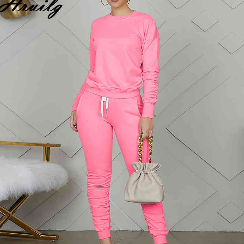 2 Piece Sets Womens Outfits Long Sleeve o Neck Tops Stacked Pants Set Autumn Casual Sportswear Trousers Tracksuit Conjunto 210513