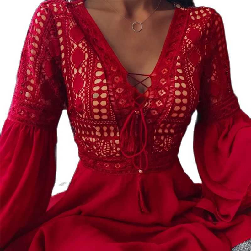 Sexy Night Club Dress Lace V-Neck Mini Summer Flare Long Sleeve Chiffon Elegant Women Hollow Out Party es 210623