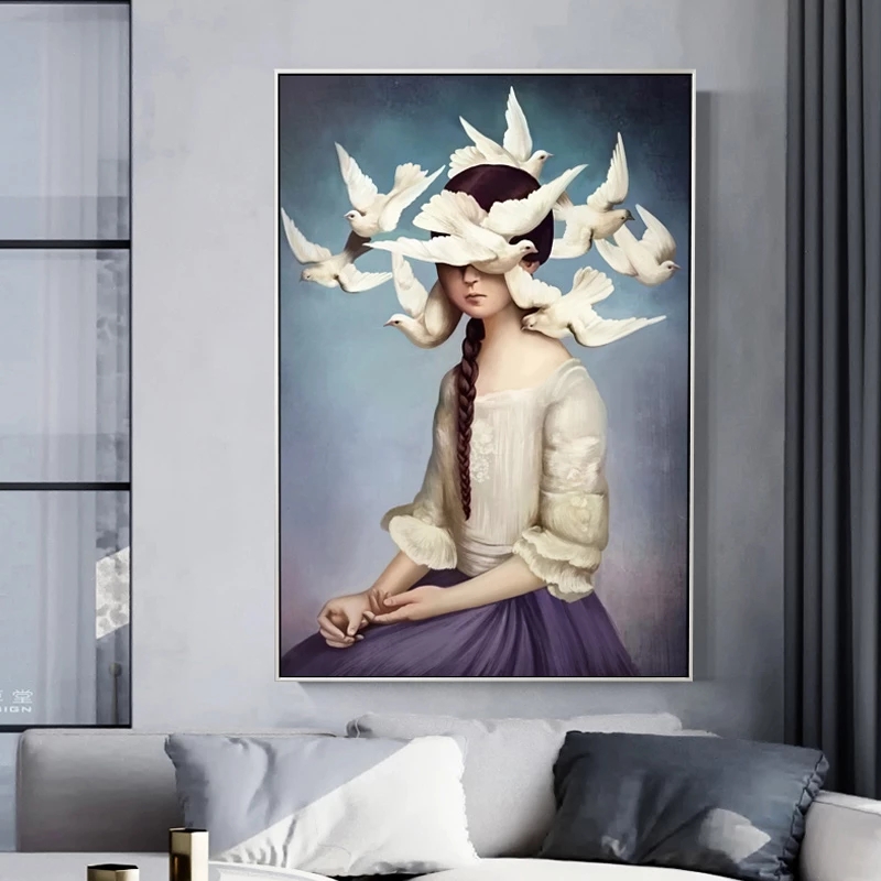 Modern Peace Dove Sky Holy Face Canvas Painting Pictures For living room Girls Room Art Pictures Wall Art Canvas Pigeon Home HD