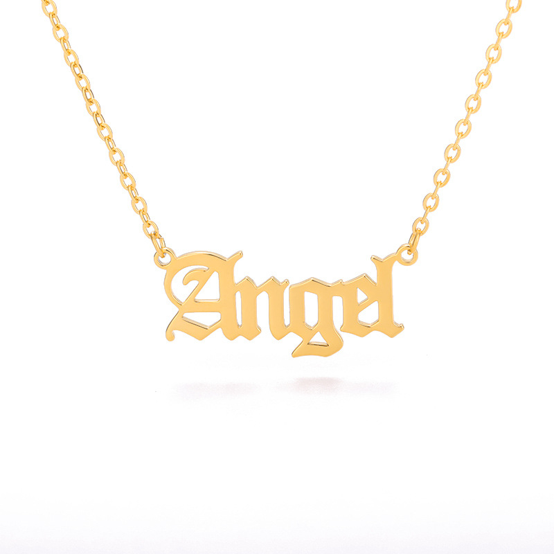 10PCS Old English Letter Word Angel Necklaces Stainless Steel Initial Alphabet Name Logo Pendant Charm Chain Minimalist Collar Choker Jewelry for Wome