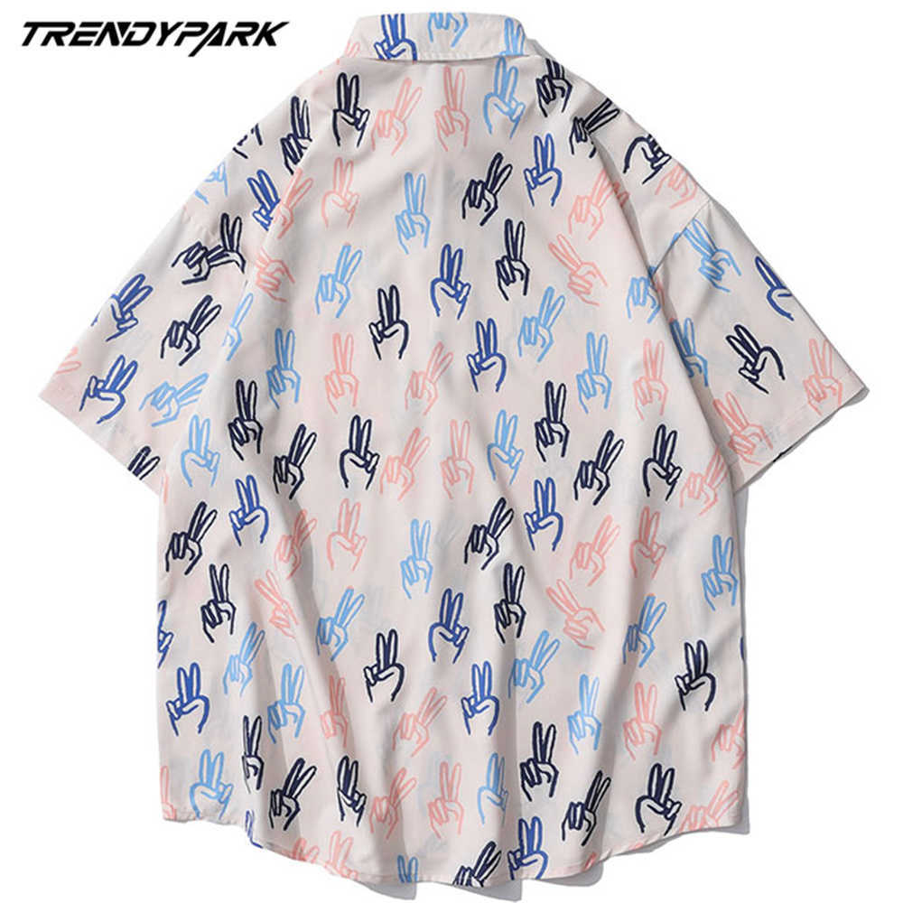 Mens Shirts Victory Sign Fingers Printed Casual Short Sleeve Beach Tops Oversize Turn-down Collar Shirt Tops 210601