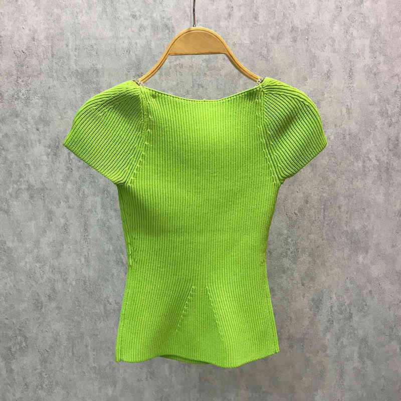 Green Slim Shirts For Women Square Collar Short Sleeve Patchwork Diamond Chain Casual Blouses Female Summer Fashion 210524