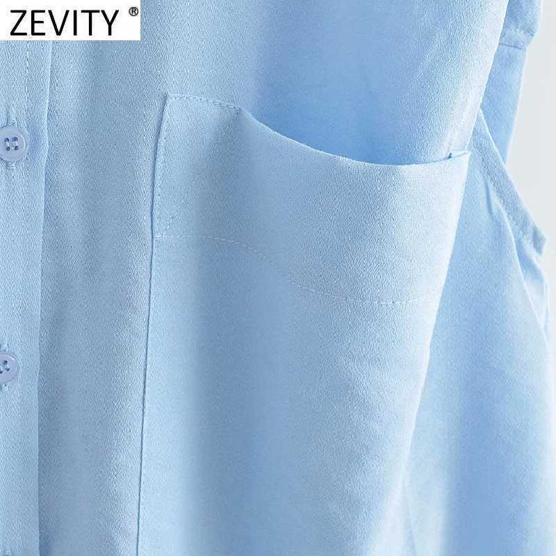 Zevity Women Simply Breasted Solid Color Sleeveless Vest Shirt Office Ladies Pocket Blouse Roupas Chic Chemise Tops LS9278 210603
