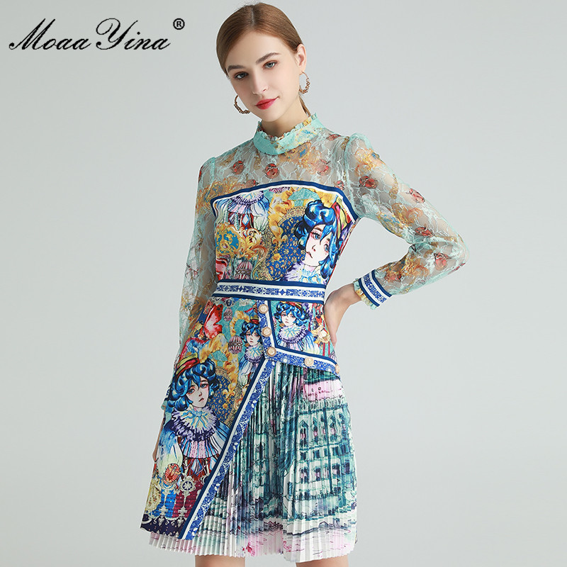 Fashion ner dress Spring Women's Dress Mesh Long sleeve Lolita Style Anime Print Pleated Dresses 210524