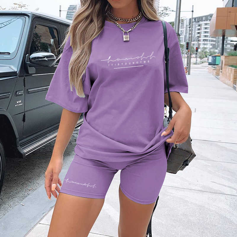 Darlingaga Casual Letter Print Workout Two Piece Set Tracksuit Women Summer Oversized Tshirt and Biker Shorts Matching Sets T200722
