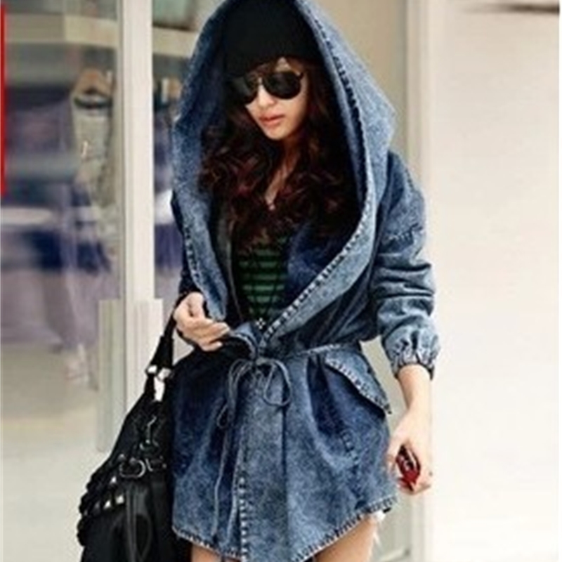 Women Trench Coat Denim Windbreaker Hooded Drawstring Jean Loose Long Fashion Overcoat Autumn 210513