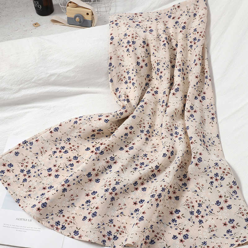 Fashion Summer chiffon beach Print skirt all-match high waist sweet floral for womens Korean midi long vintage 210621