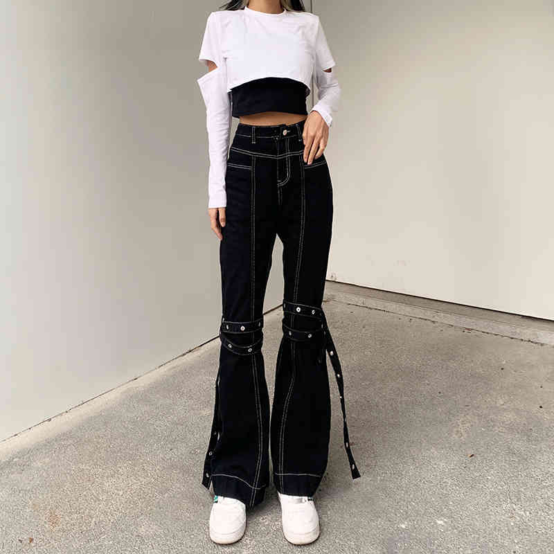 Women's Jeans Hip pop High Waist fashion Vintage Slim Denim Pants with leg belt pants trousers 210524