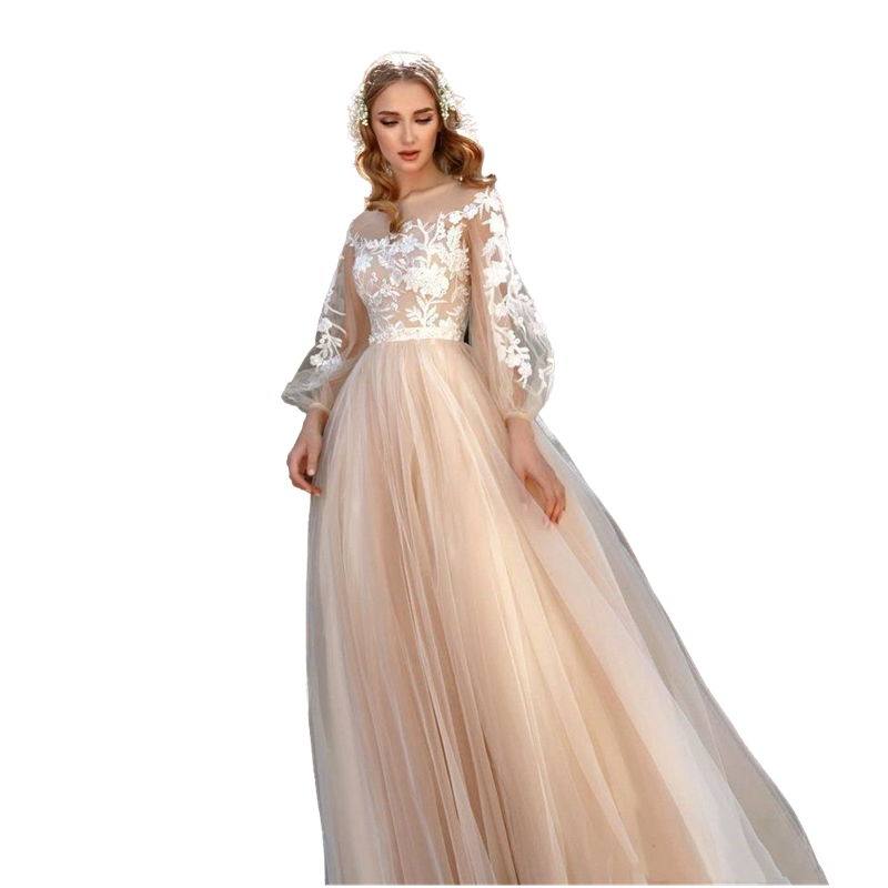 Bohemian Champagne Long Lantern Sleeves A-Line Wedding Dresses 2022 Lace Appliques Bridal Wedding Gowns Back Buttons Summer Beach Bride Dress Vestido 
