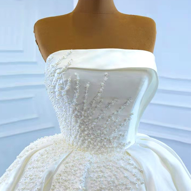Elegant Dresses Strapless Sleeves Less Pearl Satin Wedding Dress Custom Made Vestidos De Novia